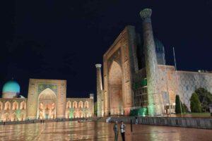 Registan Square at night Samarkand Heaven Tours Group